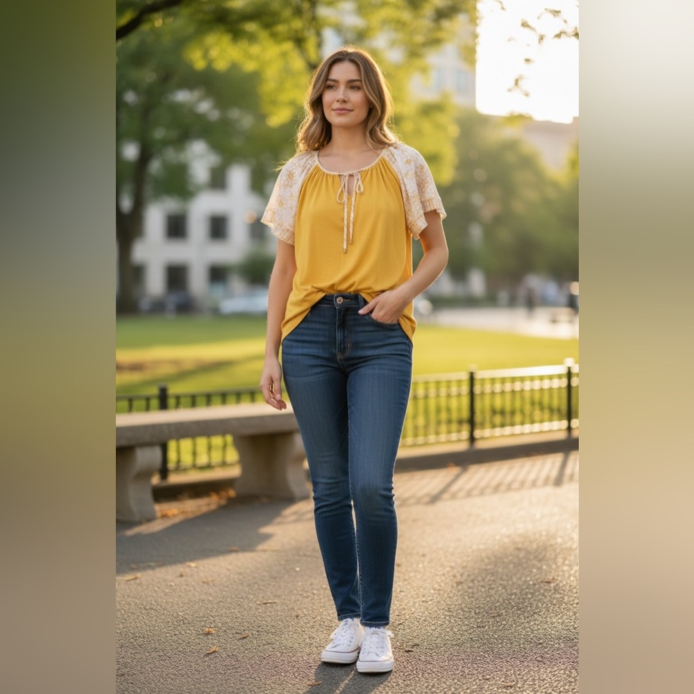 Susan Graver Canyon Yellow Slub Top NWT | Flutter Sleeves • Soft Slub Knit • XL